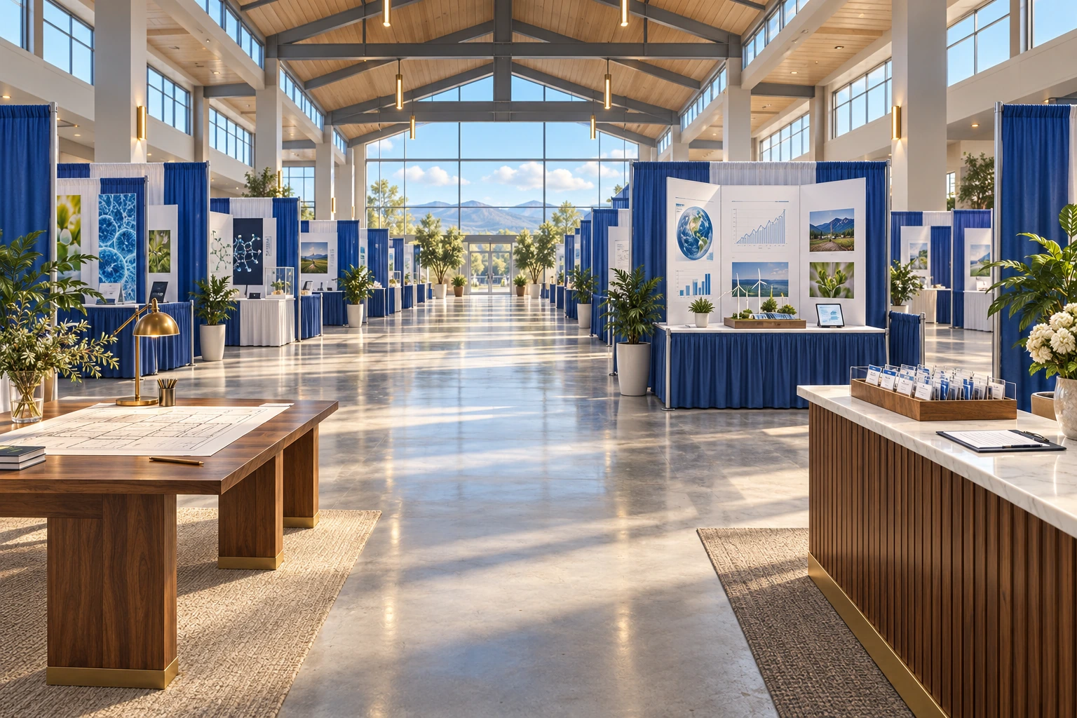 An illustrated exhibition hall with a planning table, a research display and an event welcome desk.