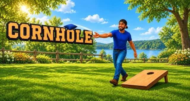 Cornhole artwork from FunEdGames, with a backyard board and a player tossing a bag