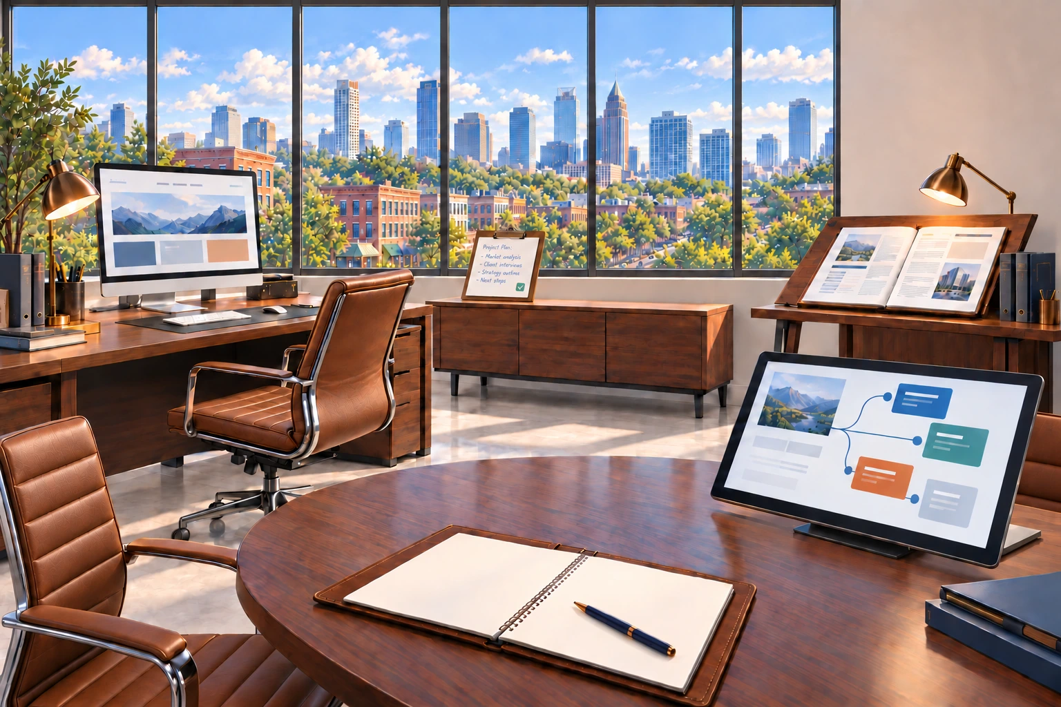 An illustrated bright consulting office overlooking a leafy city, with a website desk, annotated planning brief, writing desk, interactive demonstration screen and open project folio.