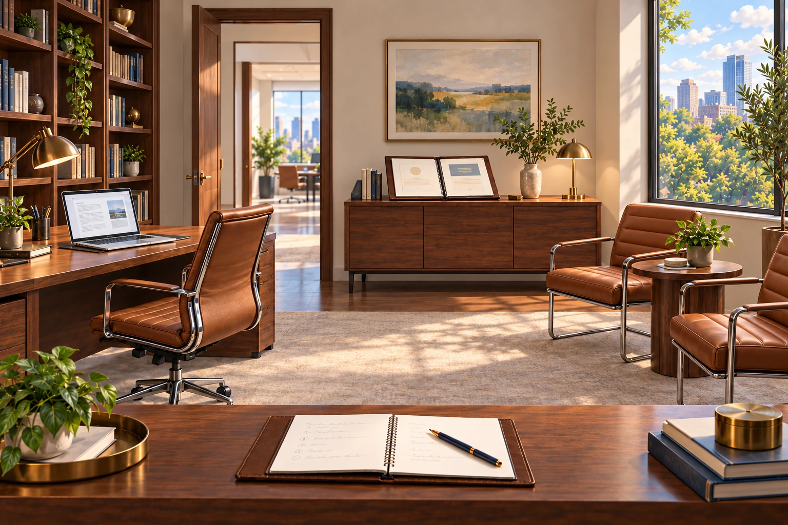 An illustrated study with a laptop for how we work, an education portfolio for Jim’s background, planning notebook for our approach, and meeting chairs for the Holden team.